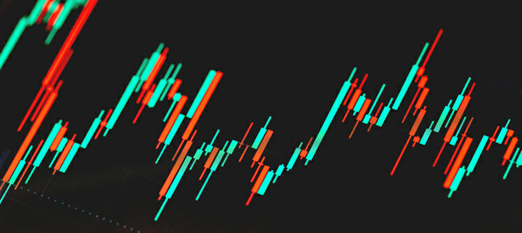 Stock market exchange graph green and red black background representing day trading