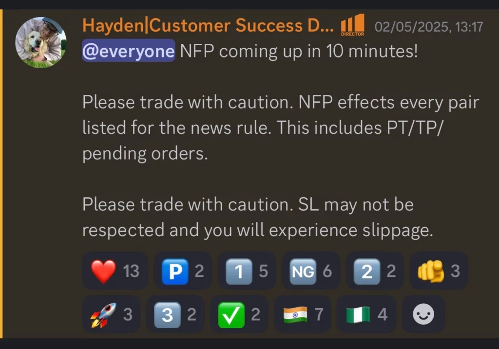 An example of an alert sent out about NFP from the Maven Trading Discord.