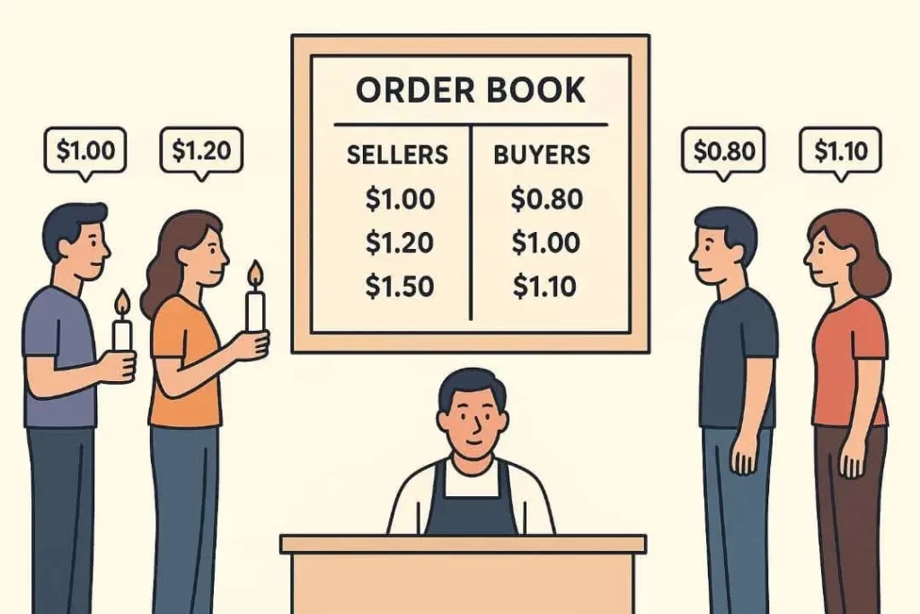 A cartoon of an order book with two sellers ($1.00, $1.20) holding candles, two buyers ($0.80, $1.10), and a central figure behind a counter showing prices ($1.00, $1.20, $1.50 for sellers; $0.80, $1.00, $1.10 for buyers).