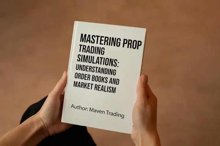 A person holding a book titled "Mastering Prop Trading Simulations: Understanding Order Books and Market Realism" by Maven Trading, against a plain brown background.