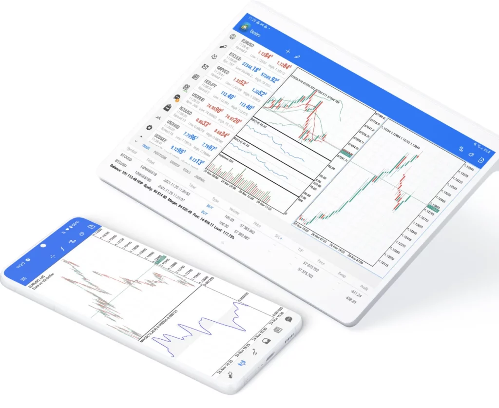 A MetaTrader 5 (MT5) platform interface is shown on a tablet and smartphone, displaying candlestick charts and financial data like EUR/USD quotes.