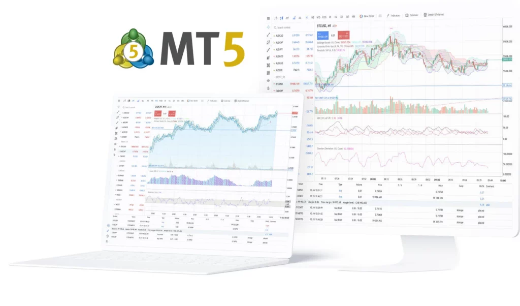A MetaTrader 5 (MT5) interface displayed on a laptop screen, featuring candlestick charts, various currency pair quotes, technical indicators, and trading data, with the MT5 logo prominently shown above.