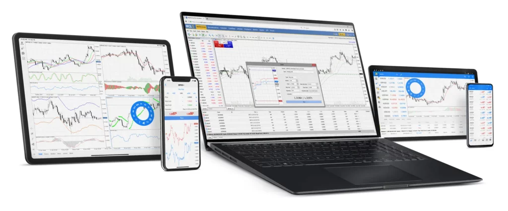 A setup showing a laptop, tablet, and smartphones displaying the MetaTrader 5 (MT5) trading platform with candlestick charts and financial data.