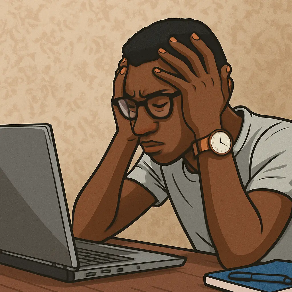 Cartoon of a stressed man with glasses, hands on head, sitting at a desk with a laptop and notebook. A representation of fear of risk in trading. 