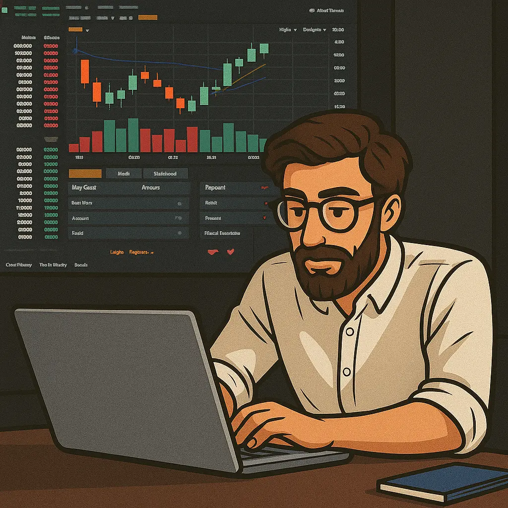 Cartoon of a bearded man with glasses, typing on a laptop while viewing financial charts on a monitor, with a notebook on the desk.