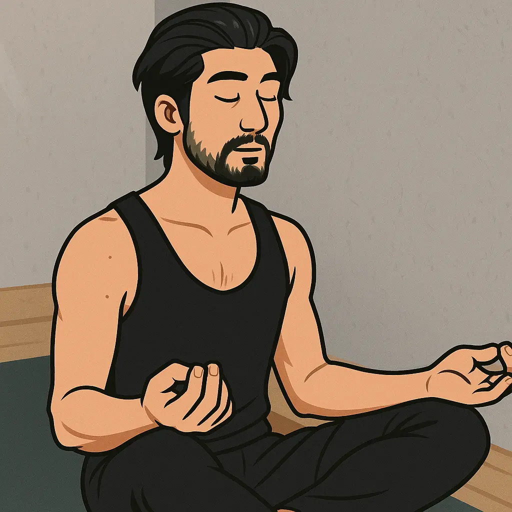 Cartoon of a man with a beard, wearing a black tank top, meditating cross-legged with hands in a mudra pose.