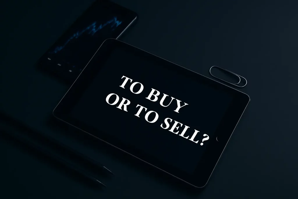 The image shows a tablet and a smartphone on a dark surface, with the tablet displaying the text "TO BUY OR TO SELL?" in large white letters.