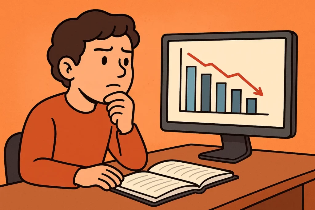 A worried person stares at a screen showing a sharply declining bar chart with a red downward arrow, hand on chin, open book on desk.