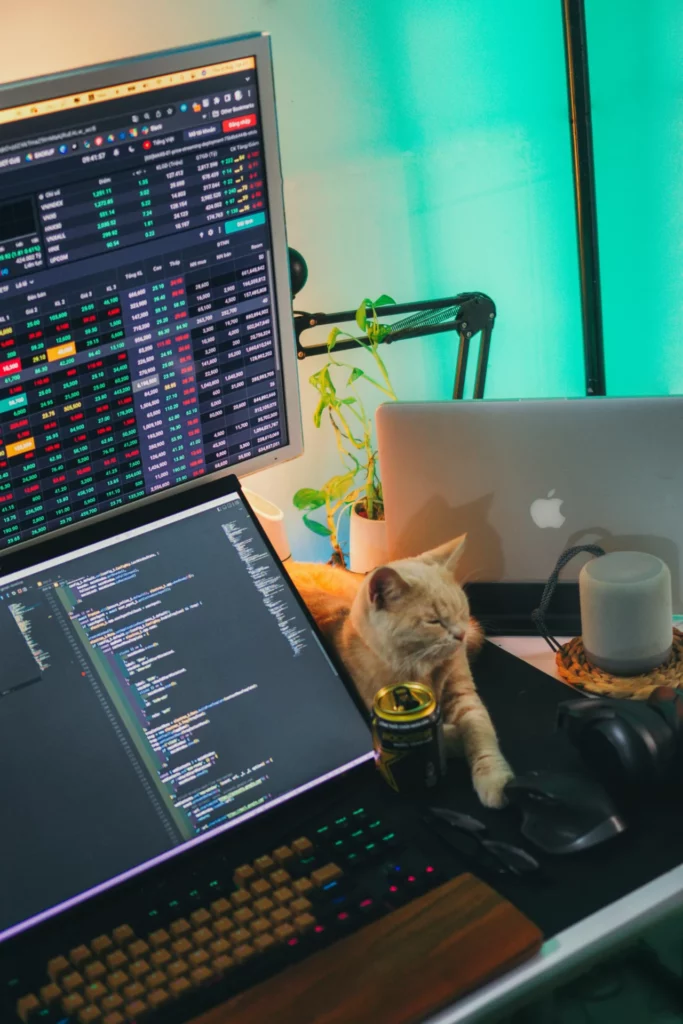 Cat napping on a desk between multiple screens: one showing code, another displaying stock/crypto trading data, with a can of drink, plant, and MacBook nearby. 