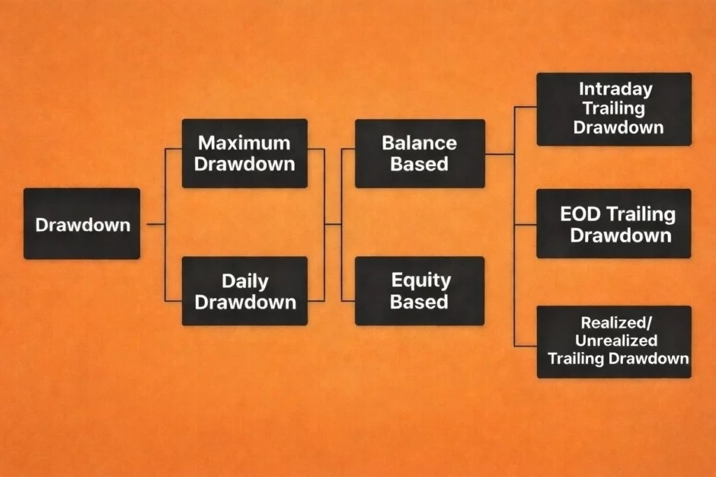Flowchart on orange background showing types of Drawdown in trading: starting from "Drawdown", branching to Maximum Drawdown and Daily Drawdown, then to Balance Based and Equity Based, further splitting into Intraday Trailing, EOD Trailing, and Realized/Unrealized Trailing Drawdown.