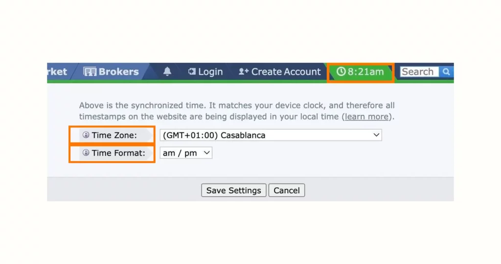 Broker platform (ForexFactory) time settings: timezone (GMT+01:00) Casablanca, 12-hour am/pm format, synced device clock showing 8:21am.