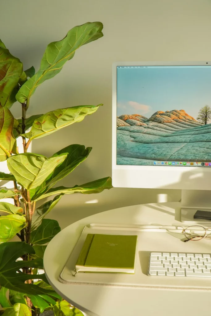 Sunlit minimalist desk setup enhancing trading focus and consistency: large green plant, iMac displaying peaceful nature wallpaper, open green notebook, glasses, and keyboard on a round white table.