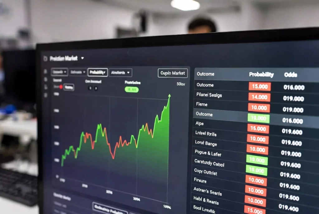 Computer screen representation of prediction markets to illustrate Maven trading first prop firm to launch prediction markets