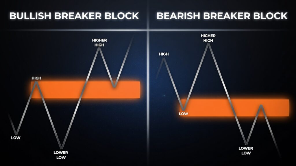Abstract charts illustrating the concept of bullish vs bearish breaker blocks