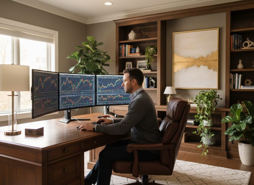 Trader examines chart from home office for breaker blocks.